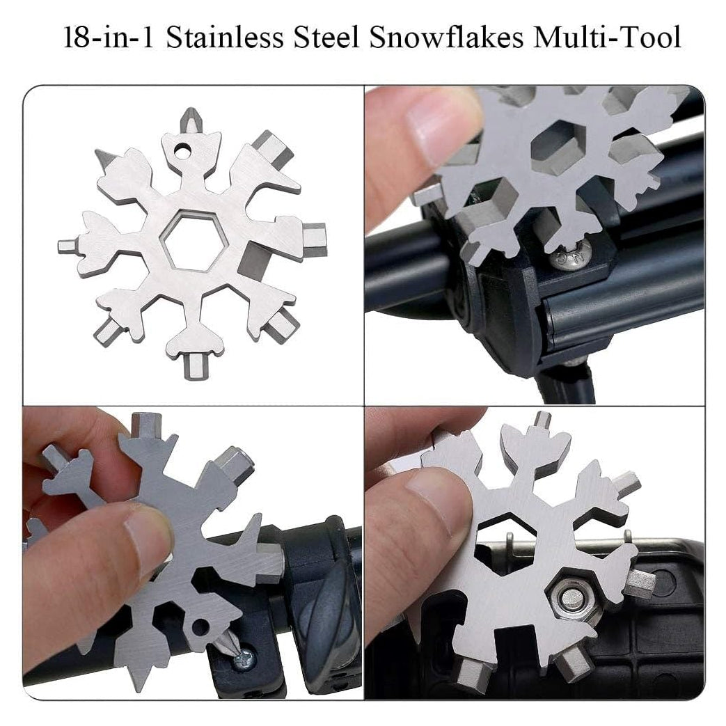 18-in-1 Stainless Steel Snowflakes Multi-Tool with usage examples on a white background