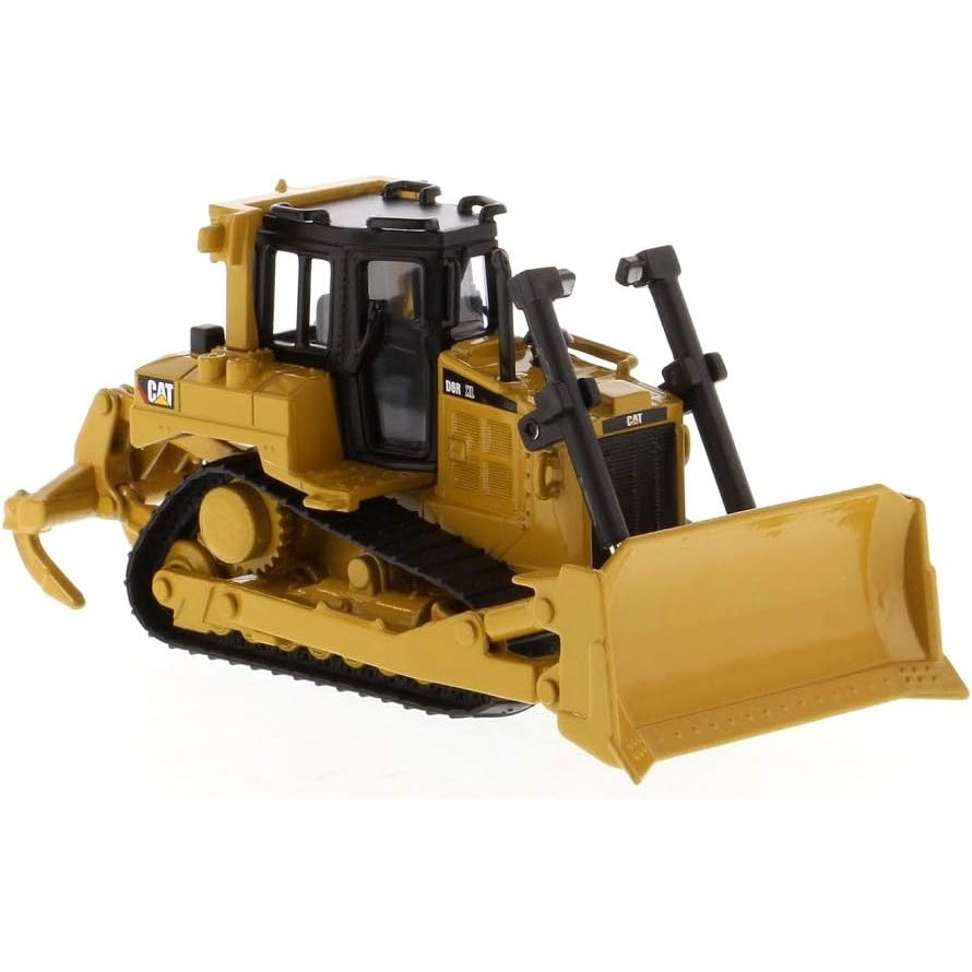 Diecast CAT D6R bulldozer model in 1:64 scale showing detailed features and white color, perfect for collection or display.