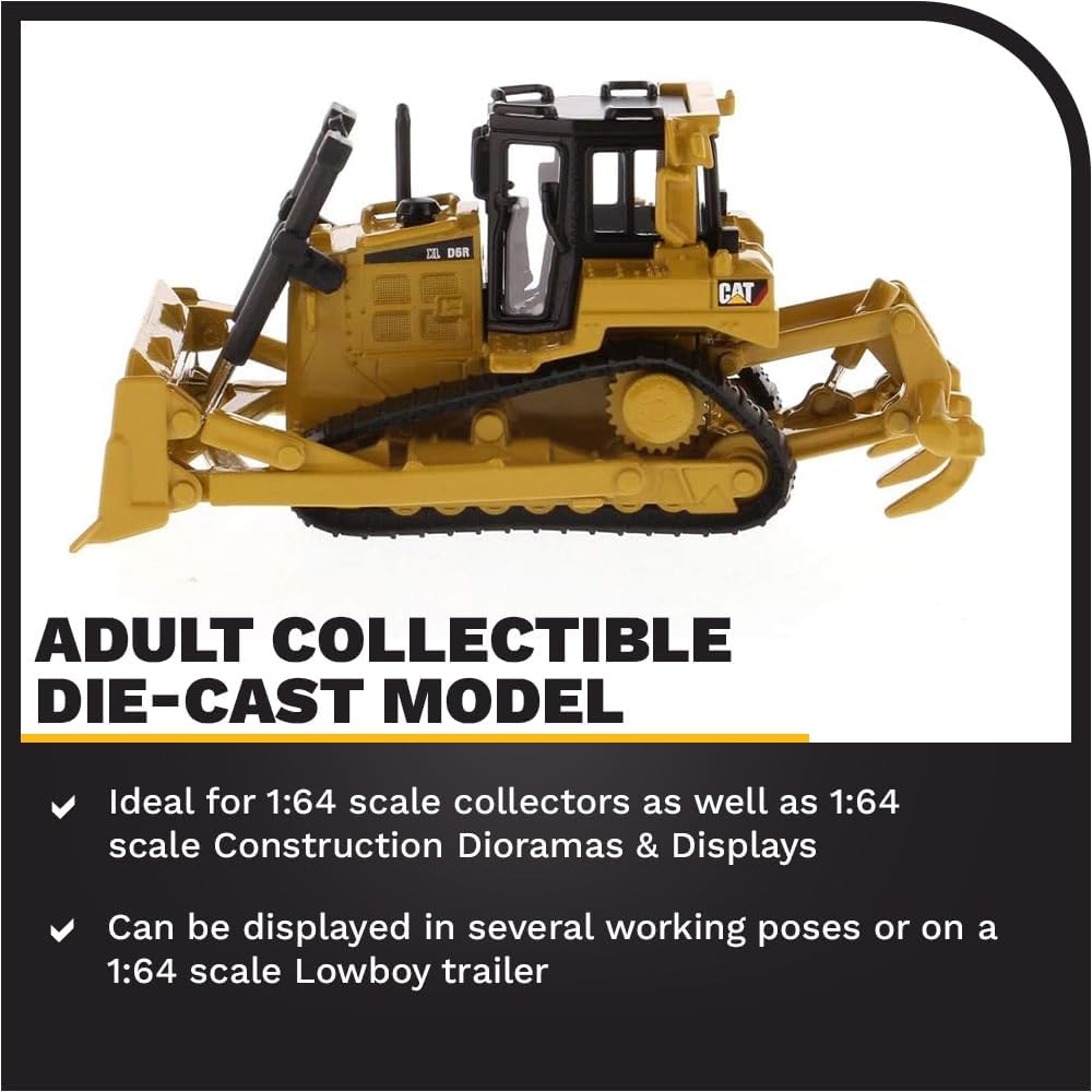 Diecast CAT D6R bulldozer model in 1:64 scale featuring detailed construction machinery and realistic design.