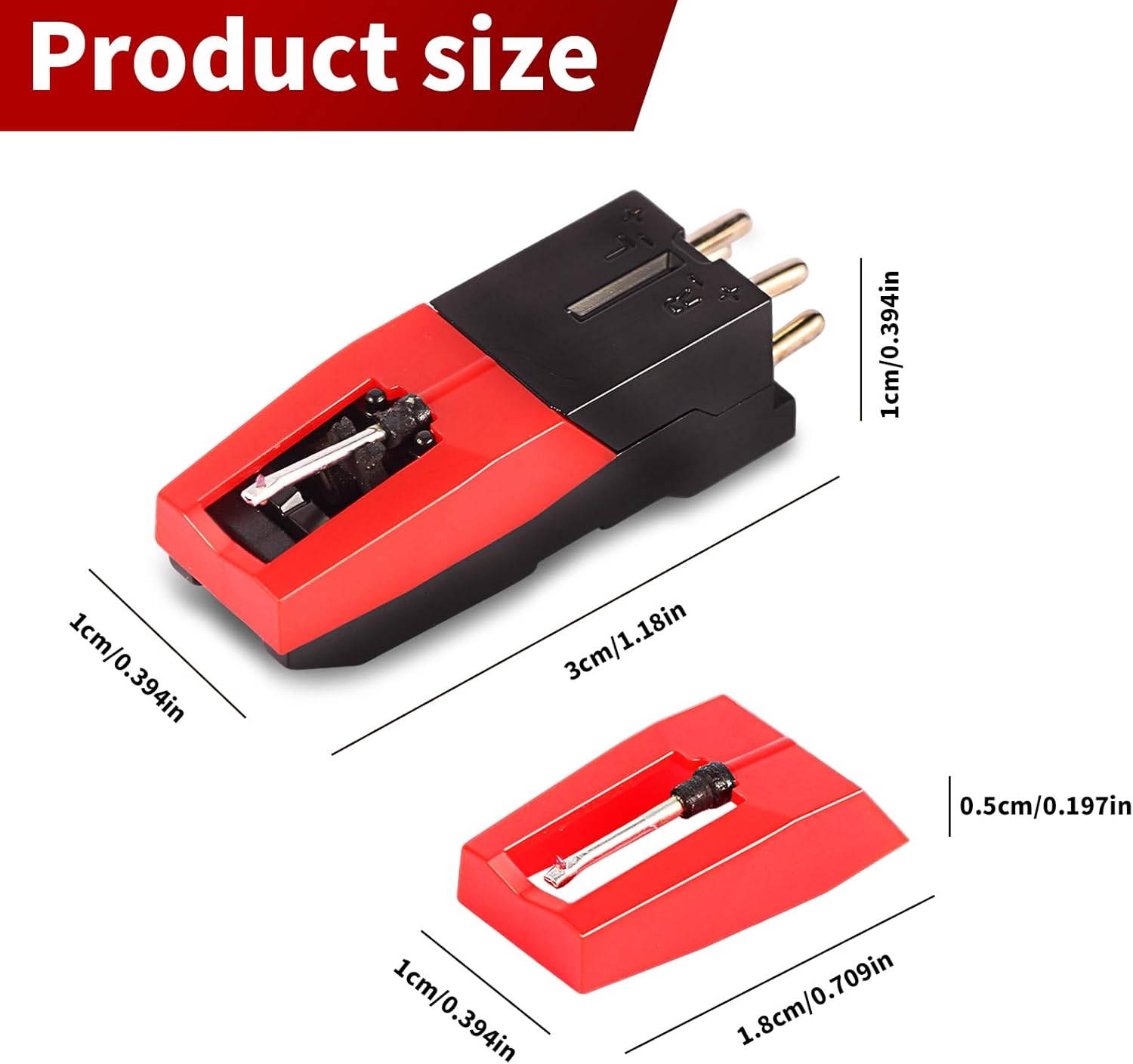 VOT Certified record player cartridge and needle for turntable, with a close-up view of the stylus and cartridge components.