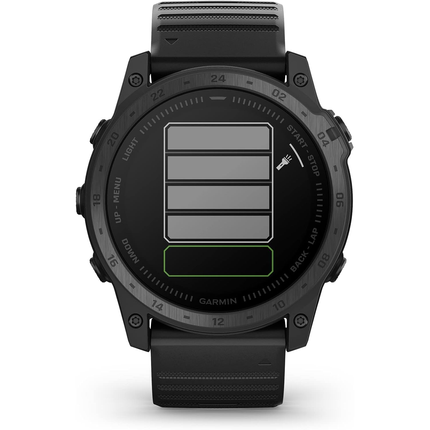 Garmin Tactix 7 GPS smartwatch with rugged design, digital display, and tactical features on a white background.