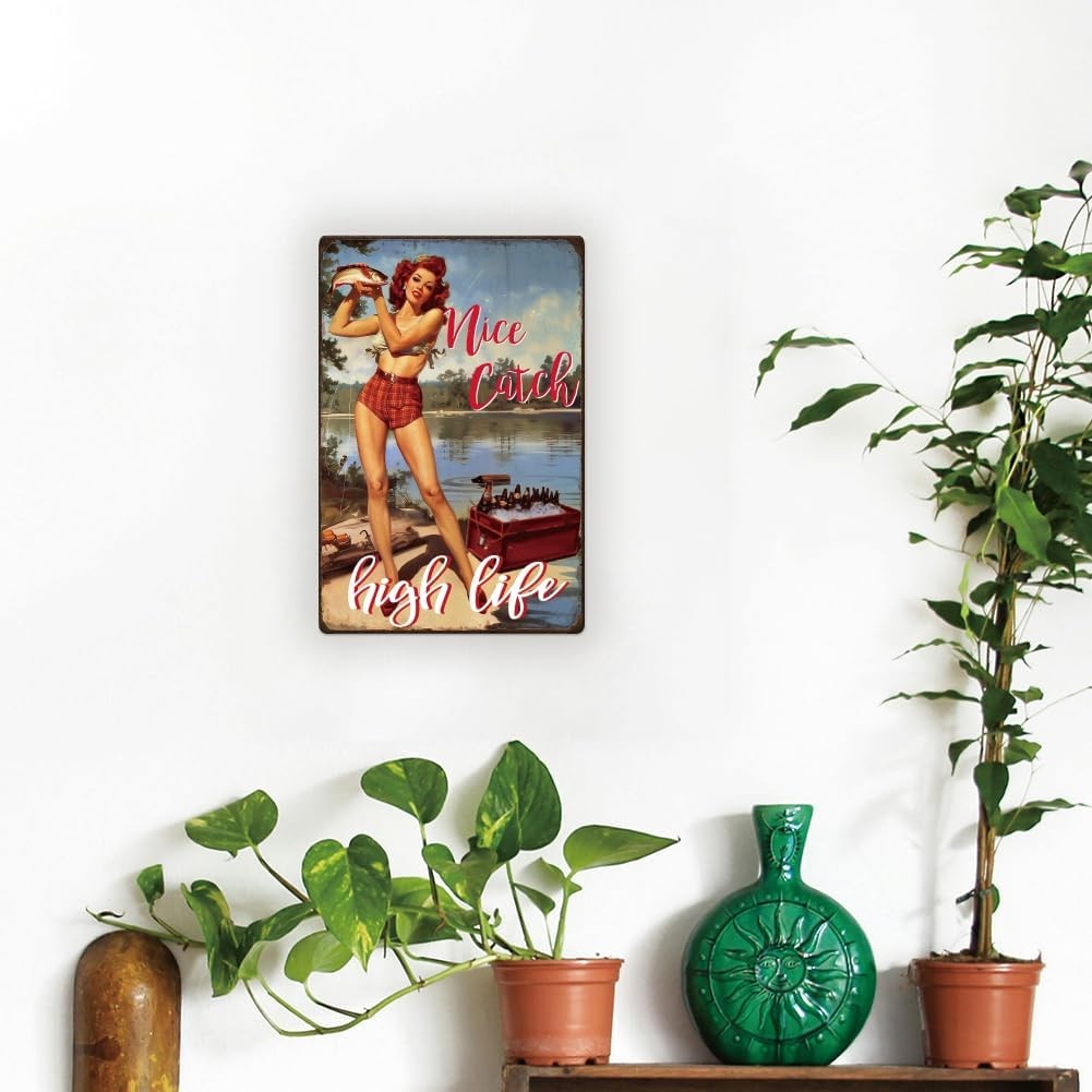 VOT Certified Nice Catch tin sign with vintage fishing design, featuring bold black and white lettering on a metal surface