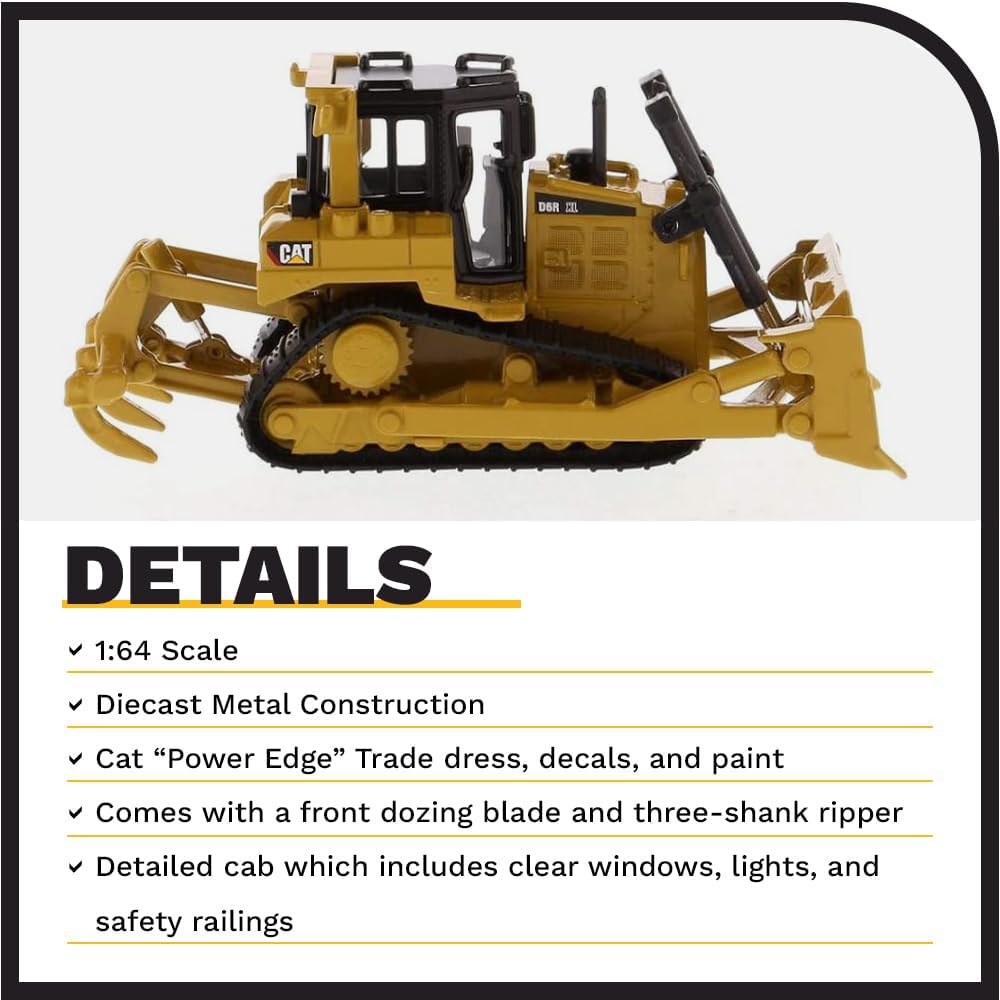 Diecast CAT D6R bulldozer model in 1:64 scale, detailed miniature construction vehicle with yellow finish and realistic features.