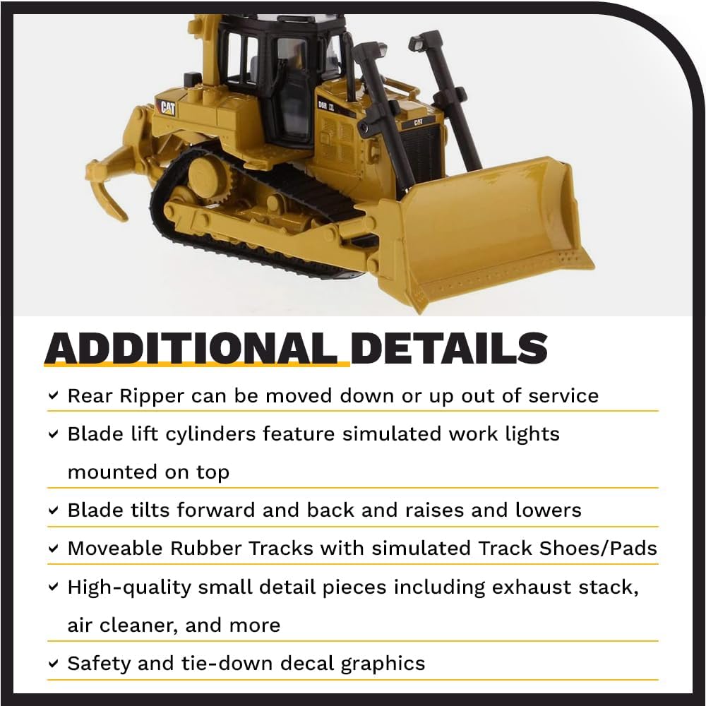 CAT D6R bulldozer diecast model in 1:64 scale, detailed replica with black and yellow construction vehicle appearance.