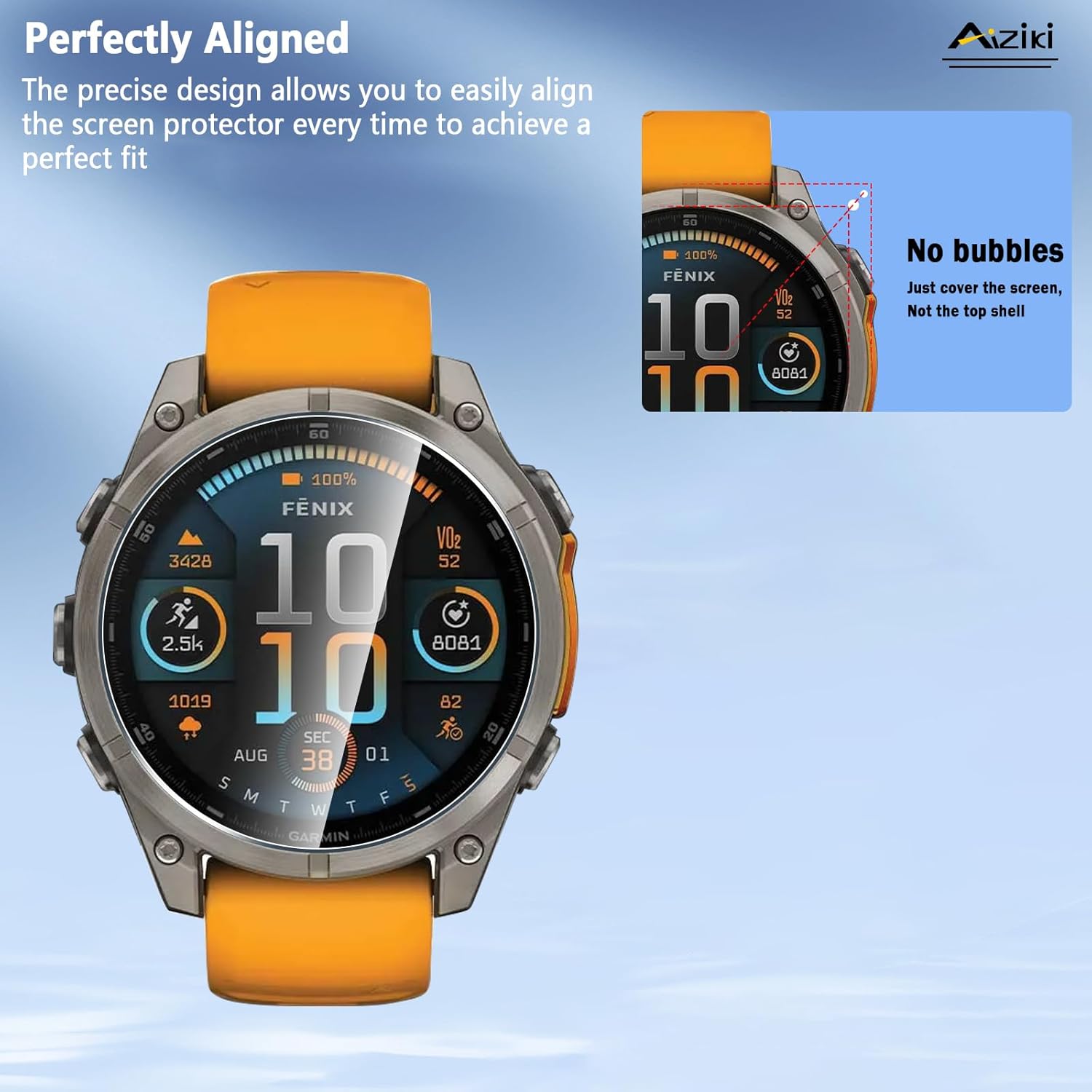 Aiziki screen protector for Fenix 8 47mm watch, transparent accessory protecting the watch face from scratches and damage.