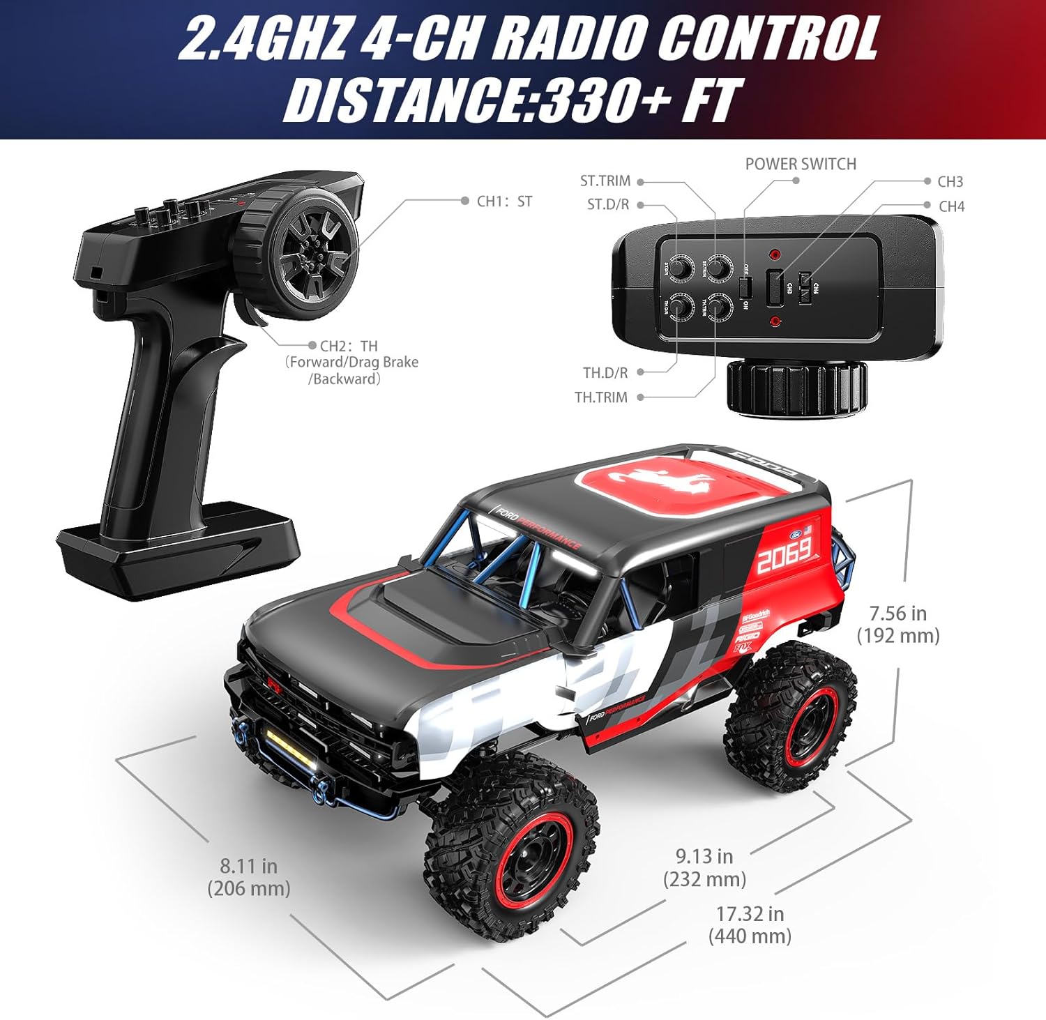 MJX HyperGo Ford Bronco R brushless RC crawler in 1:12 scale, detailed off-road vehicle with rugged tires and vibrant paint.