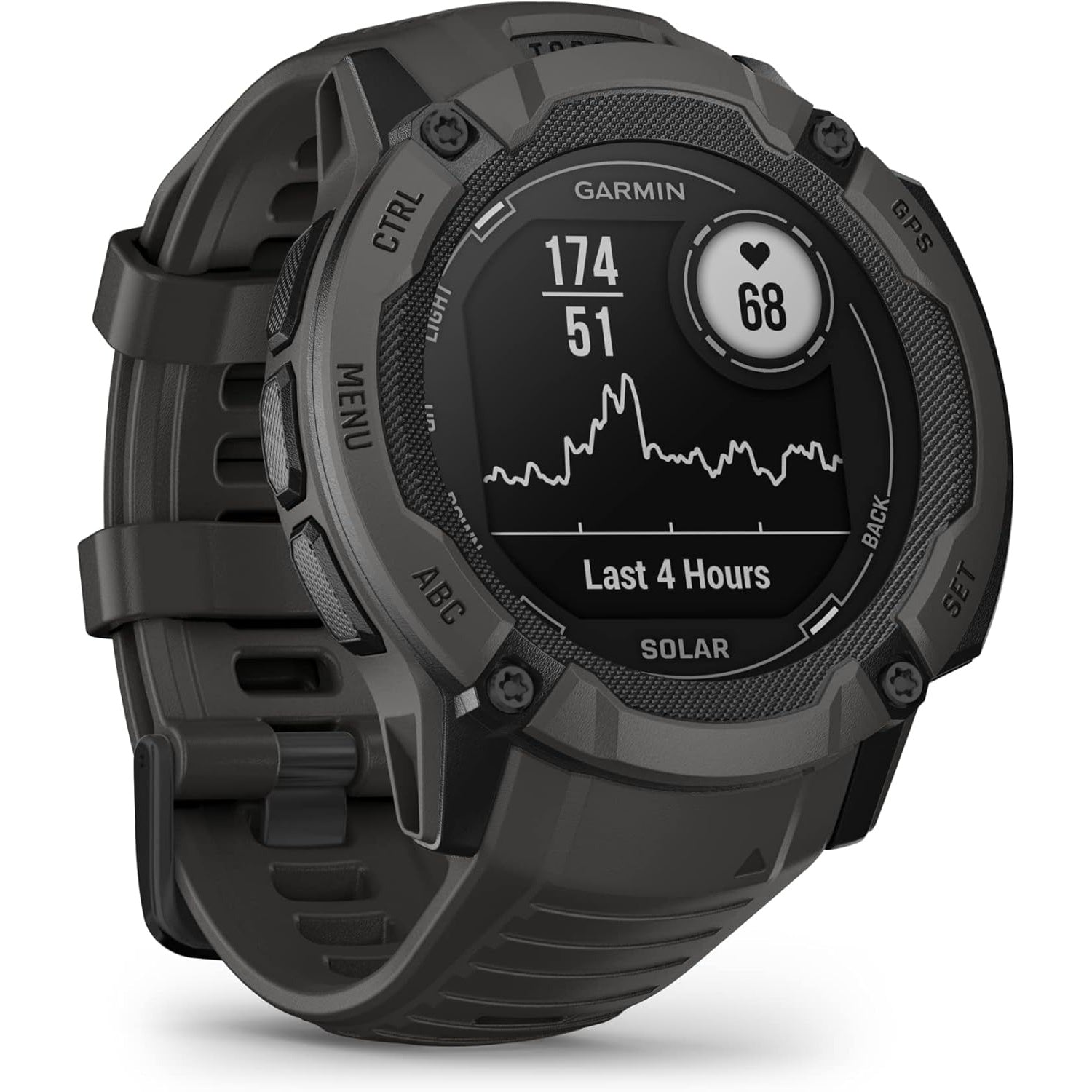 Garmin Instinct® 2X Solar GPS smartwatch with rugged design and solar charging display, shown in close-up on a white background.