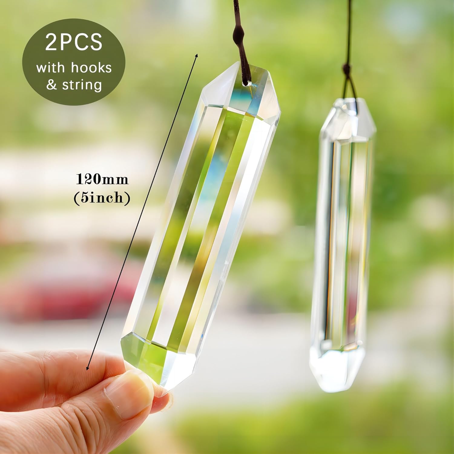 Large clear crystal sun catcher prisms, 5-inch VOT Certified sun catcher with sparkling, faceted design catching sunlight.