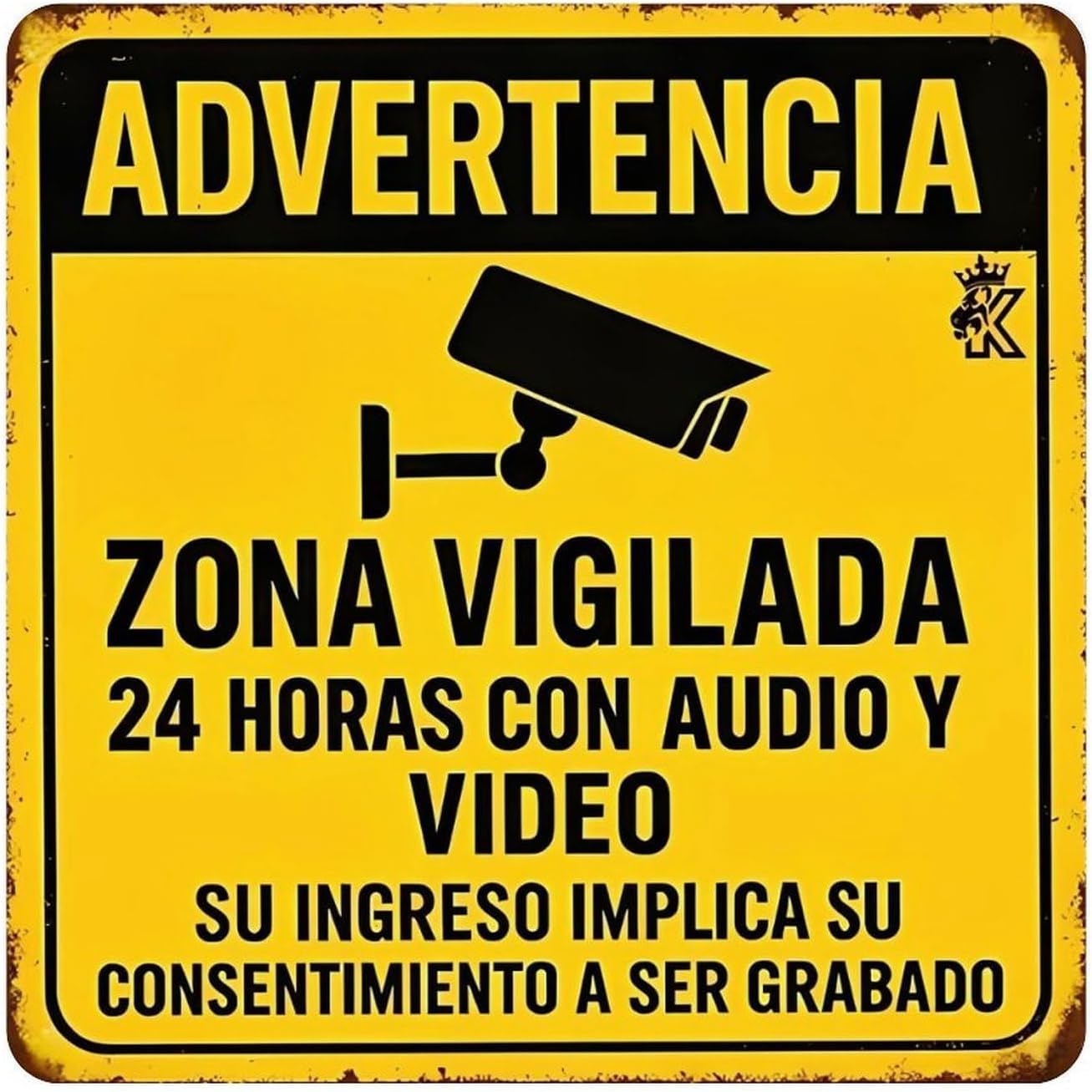 VOT Certified Spanish tin sign with "Under Surveillance" message, vintage-style metal wall decor for surveillance warning display