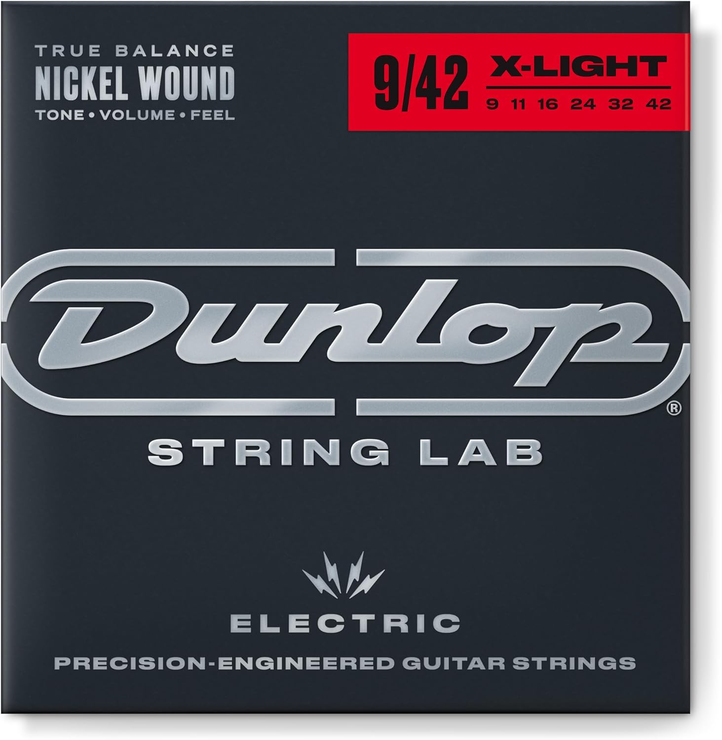 Dunlop nickel wound electric guitar strings set 09-42 with individual strings laid out on a white background