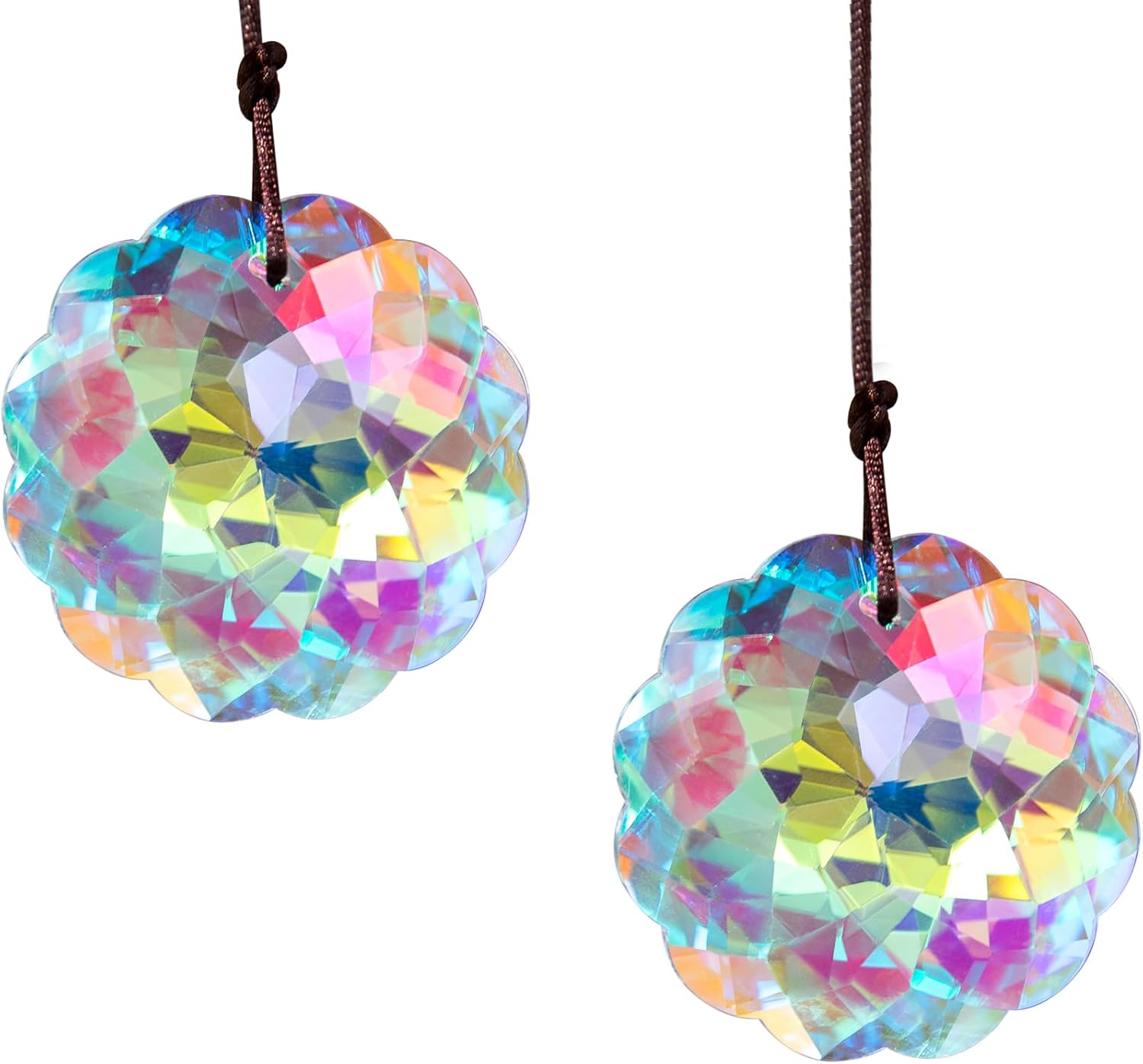 VOT Certified crystal suncatcher with datura-shaped prisms hanging in sunlight, creating colorful light reflections.