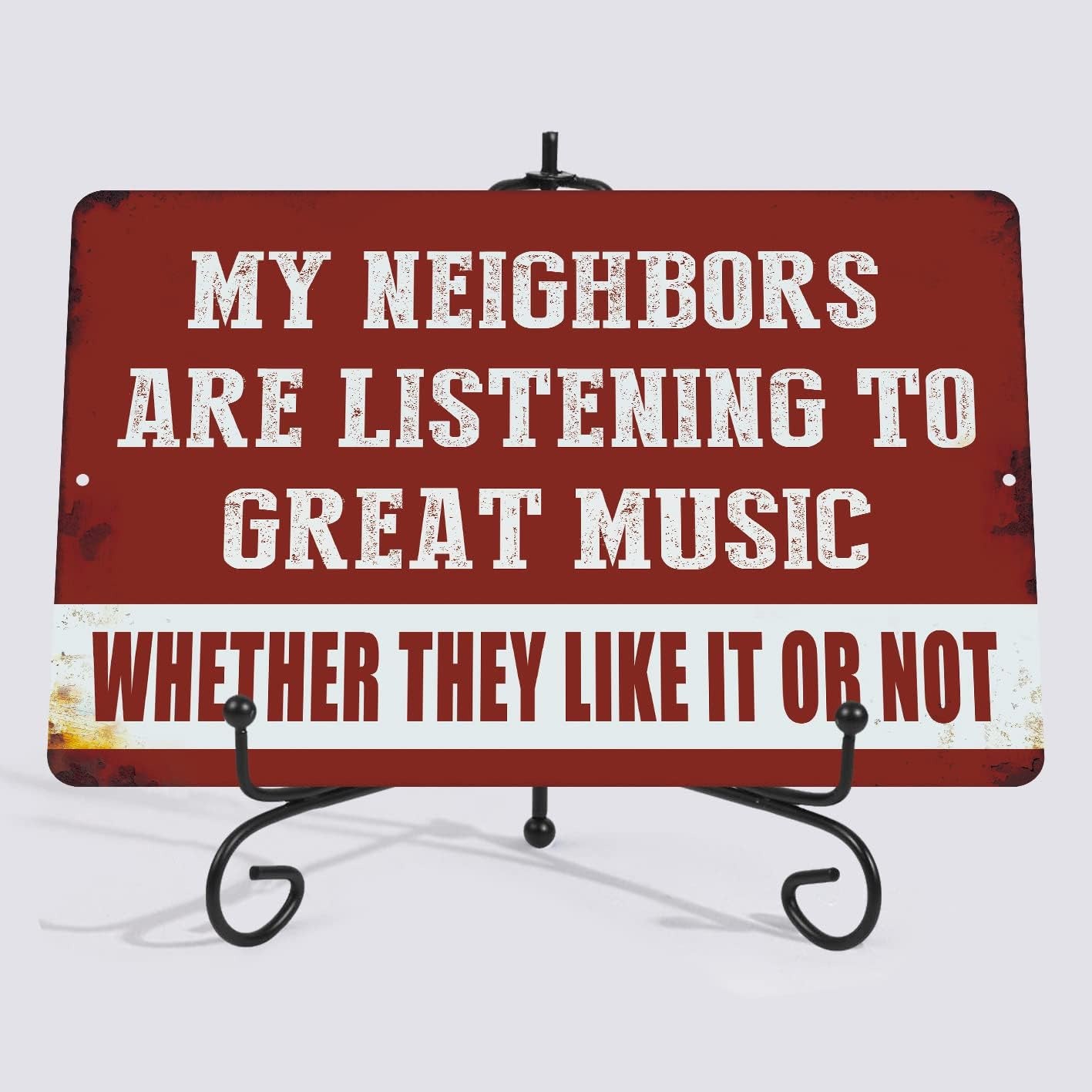 VOT Certified tin sign featuring "My Neighbors Are Listening" message on a white background, perfect for home decor.