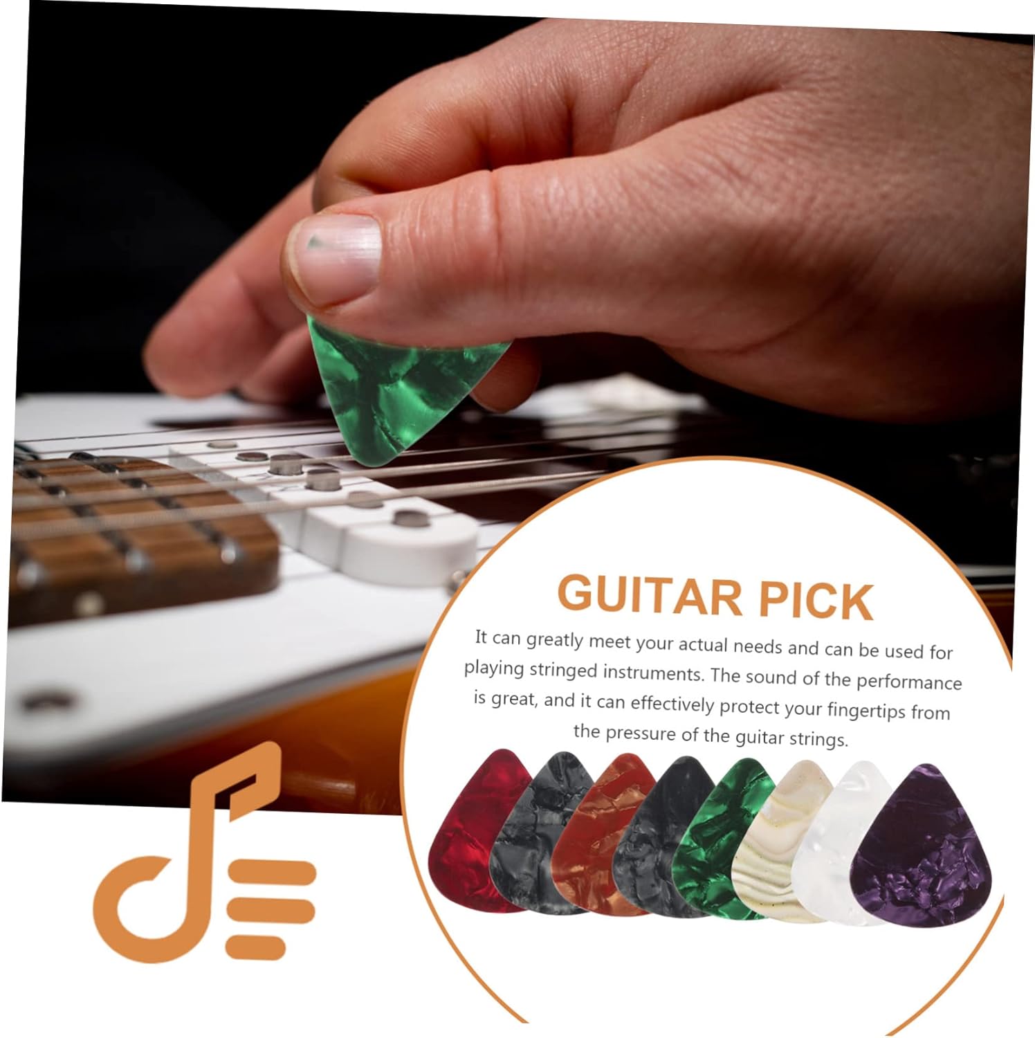 Set of 150 VOT Certified guitar picks in various sizes and colors, displayed in a clear, organized layout for versatile playing.