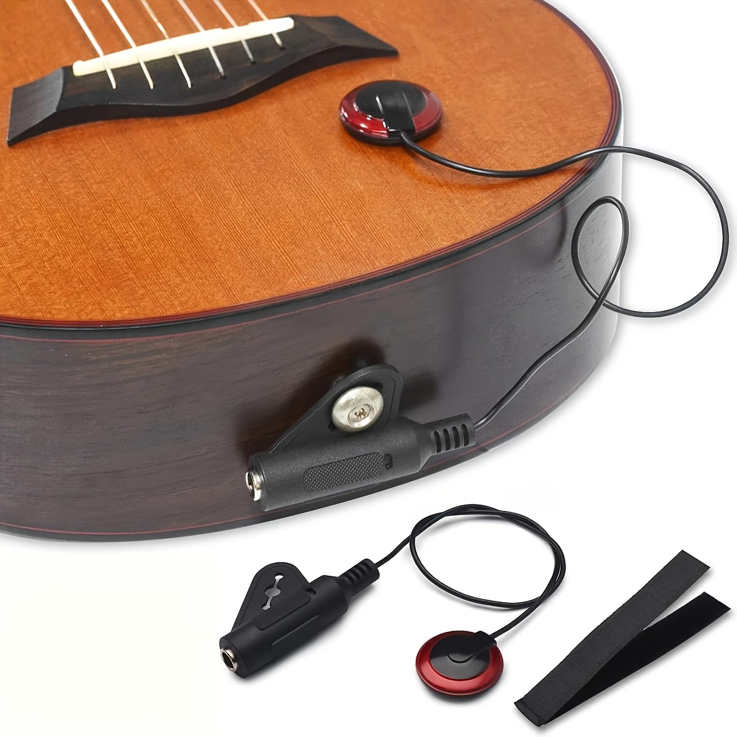 VOT Certified contact microphone piezo pickup attached to guitar strings for enhanced sound amplification and acoustic performance.