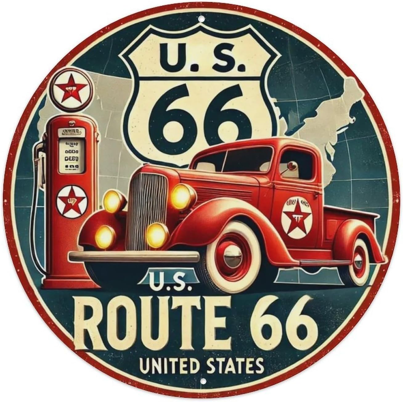 VOT Certified Route 66 Retro Pickup Truck tin sign featuring a vintage pickup truck design in a nostalgic style