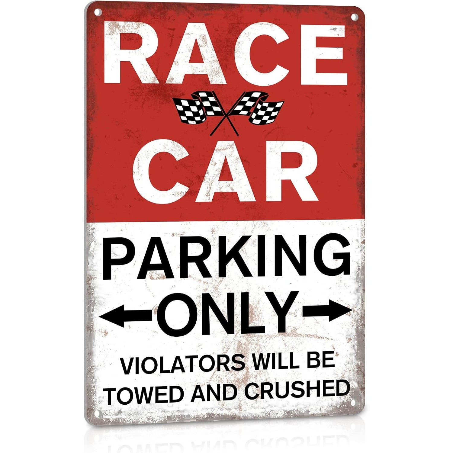 VOT Certified Race Car Parking tin sign with bold black lettering on vintage white background, ideal for garage or game room decor
