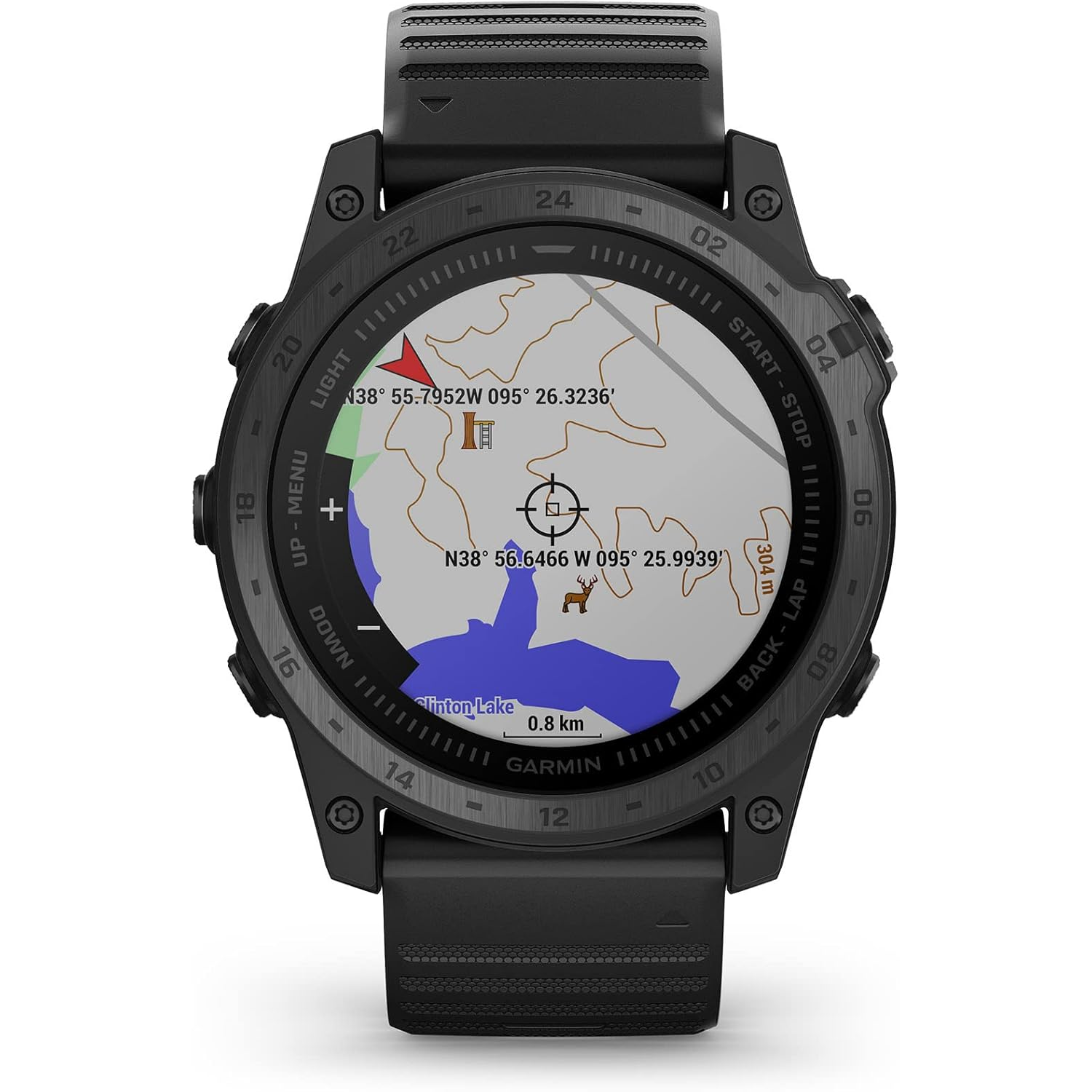 Garmin Tactix 7 GPS smartwatch with rugged design, digital display, and tactical features on a white background.