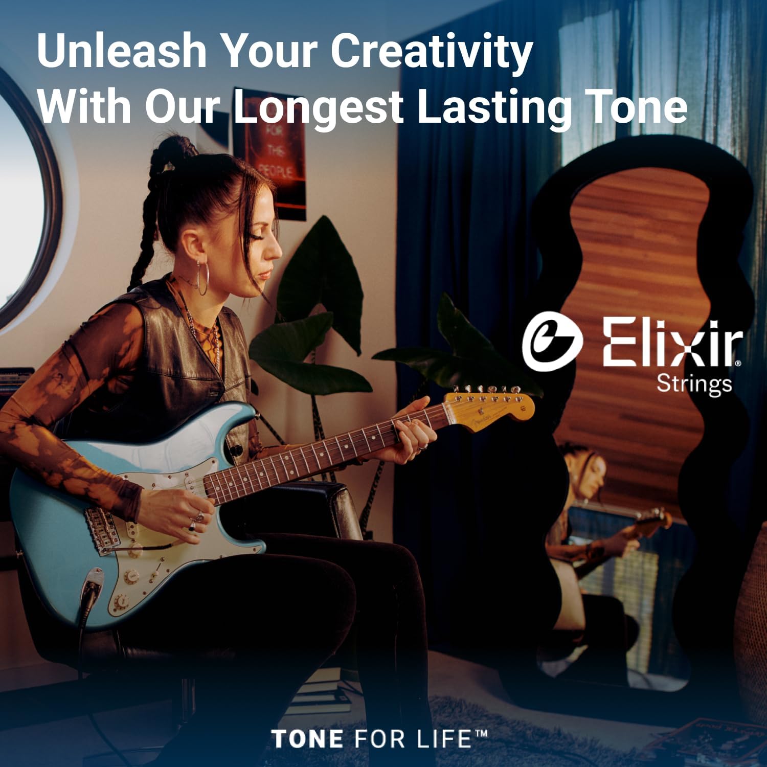 Elixir light electric guitar strings pack with 4 strings, gauges 10-46, shown on a guitar neck for bright, clear sound.
