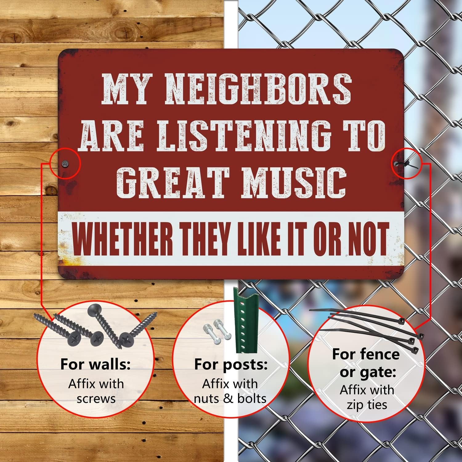 VOT Certified tin sign featuring "My Neighbors Are Listening" humorous message on a square white background.