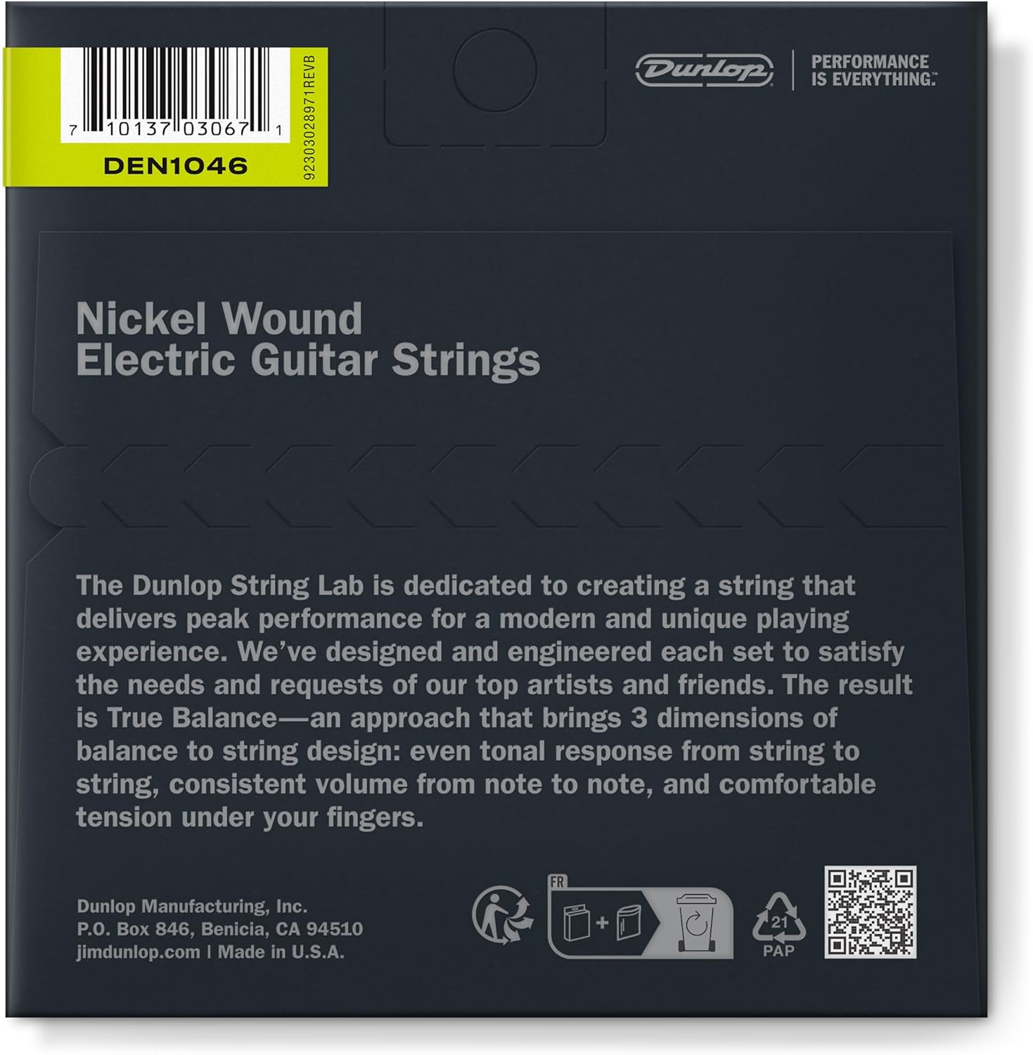 Dunlop nickel wound electric guitar strings 10-46, showing a set of six strings with bright metallic finish and packaging.