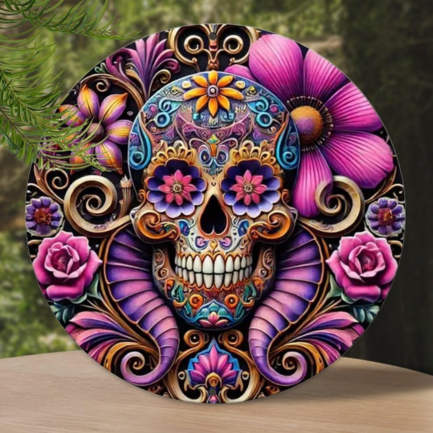 VOT Certified Flower Skulls tin sign with vibrant floral and skull design, perfect for home decor or wall art.