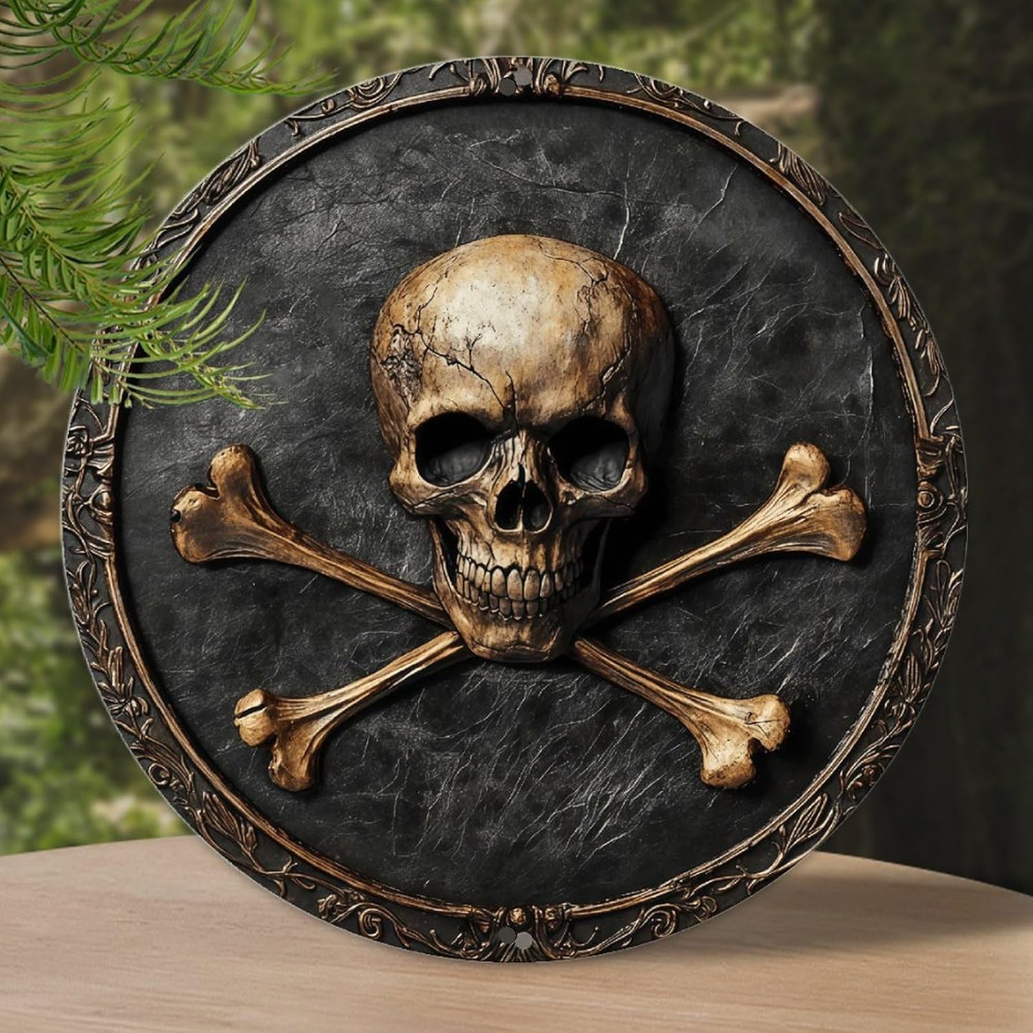 VOT Certified Skull Crossbones tin sign with bold black skull and crossbones design on metallic surface.