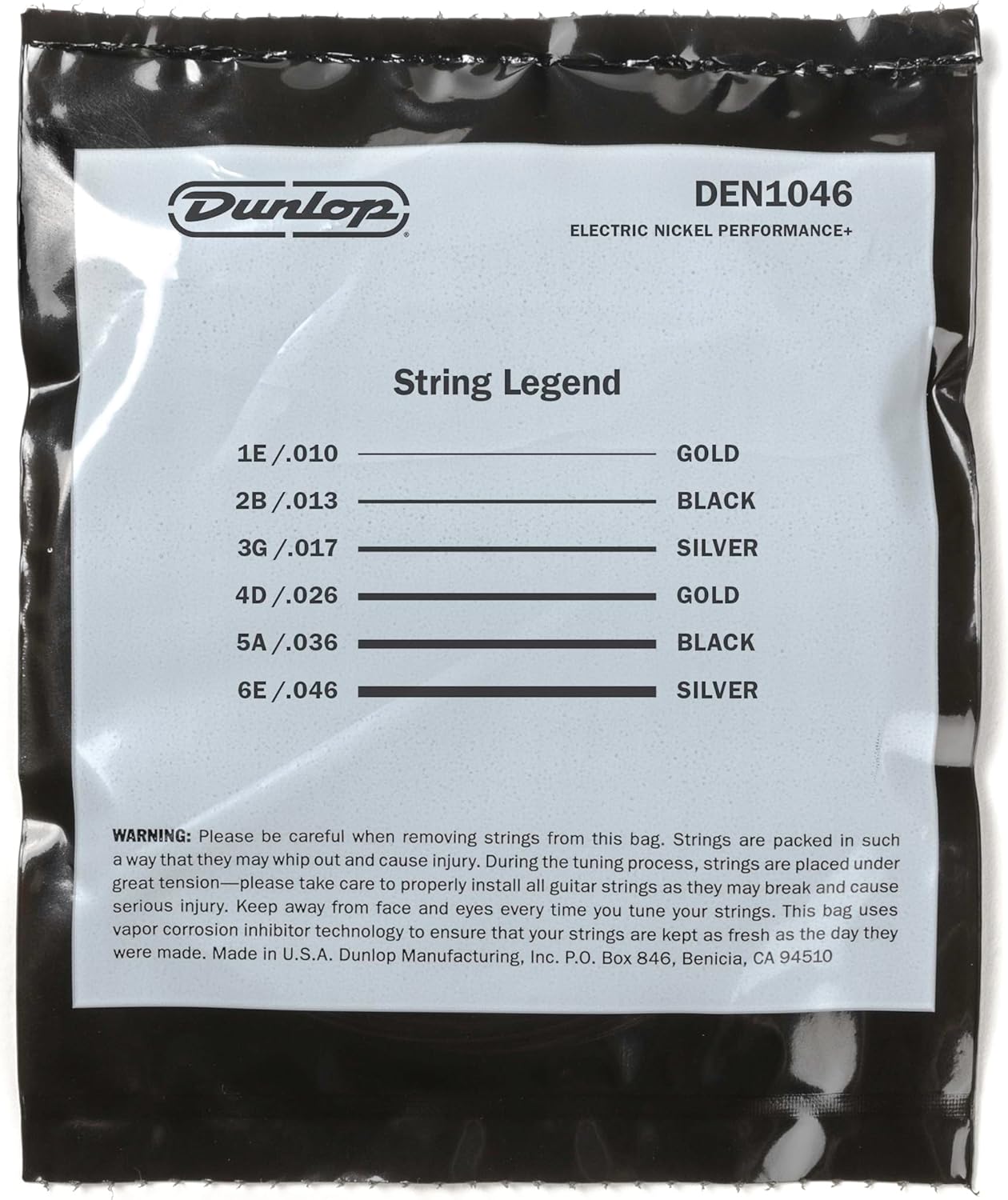 Dunlop nickel wound electric guitar strings 10-46, showing the packaging with a close-up of the strings and branding.