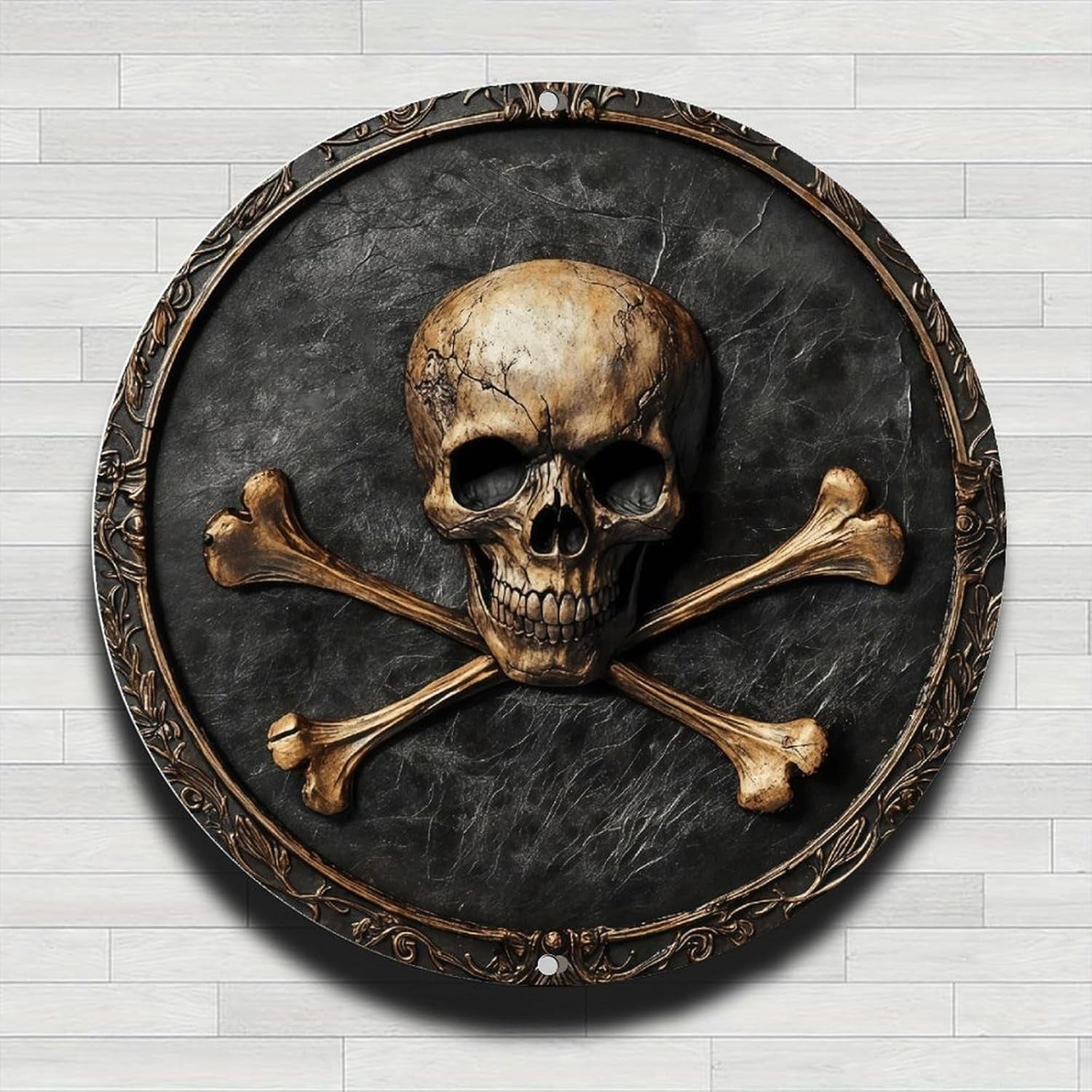VOT Certified skull crossbones tin sign with bold black design on a white background, perfect for vintage or biker decor.