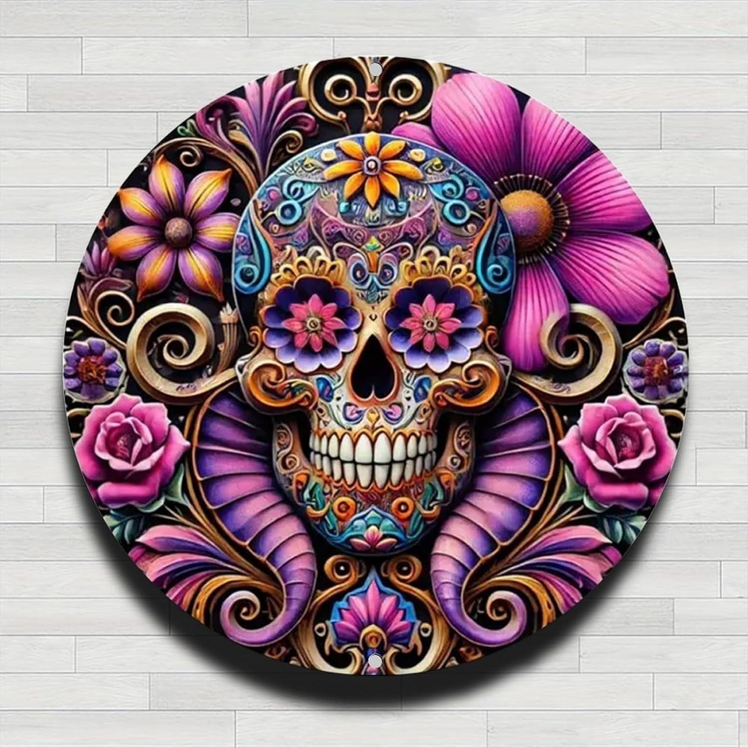 VOT Certified Flower Skulls tin sign featuring colorful floral and skull design, ideal for wall decor.