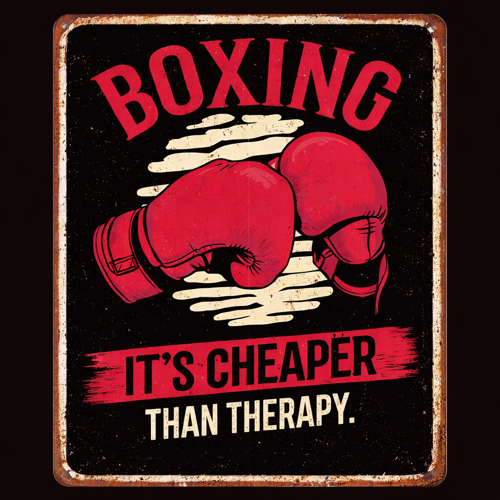 Vintage-style sign with boxing gloves and text 'Boxing: It's cheaper than therapy' on a black background.