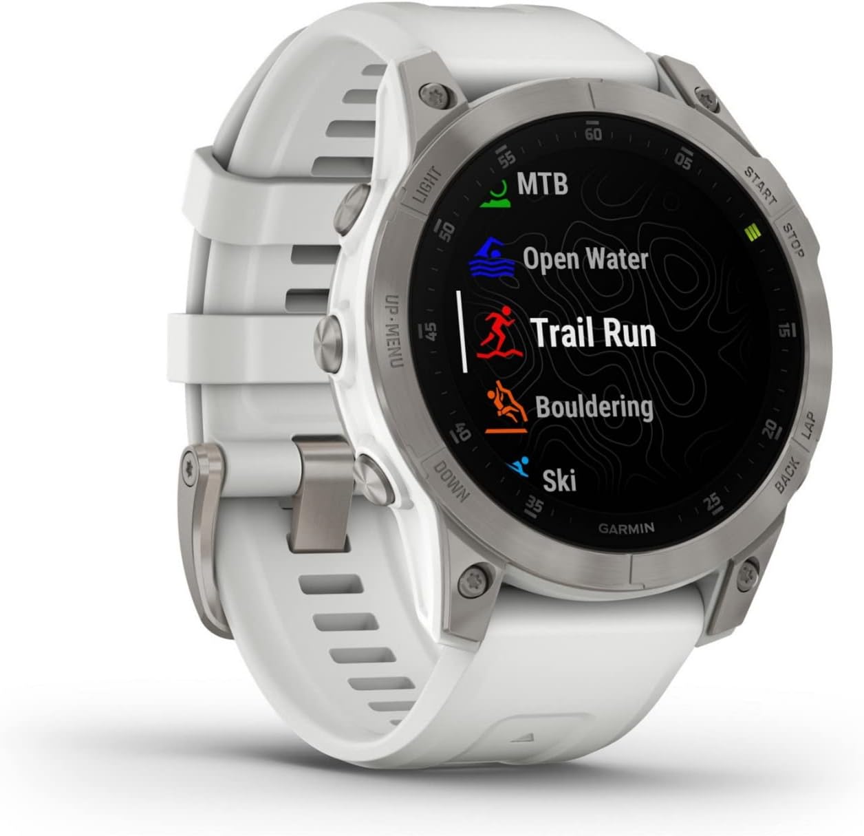 White Garmin smartwatch with a display showing various activities on a white background. Beirut , Lebanon