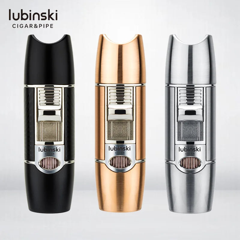 Lubinski single torch jet flame cigar lighter with ergonomic grip and adjustable flame, designed for premium cigar lighting.