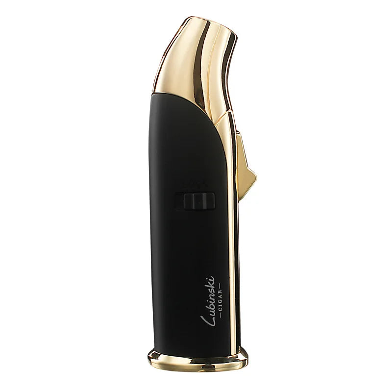 Lubinski Cigar Single Torch Jet Lighter with ergonomic grip and blue flame, designed for easy lighting of cigars.