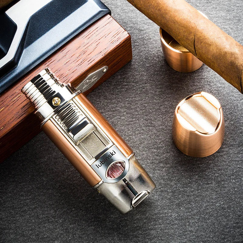 Lubinski single torch jet flame cigar lighter with a sleek metal body and adjustable flame, designed for precise lighting.