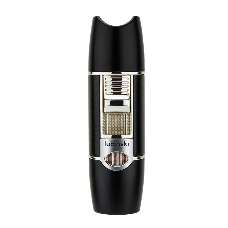 Lubinski single torch jet flame cigar lighter with black body and metal ignition button, designed for precise cigar lighting.