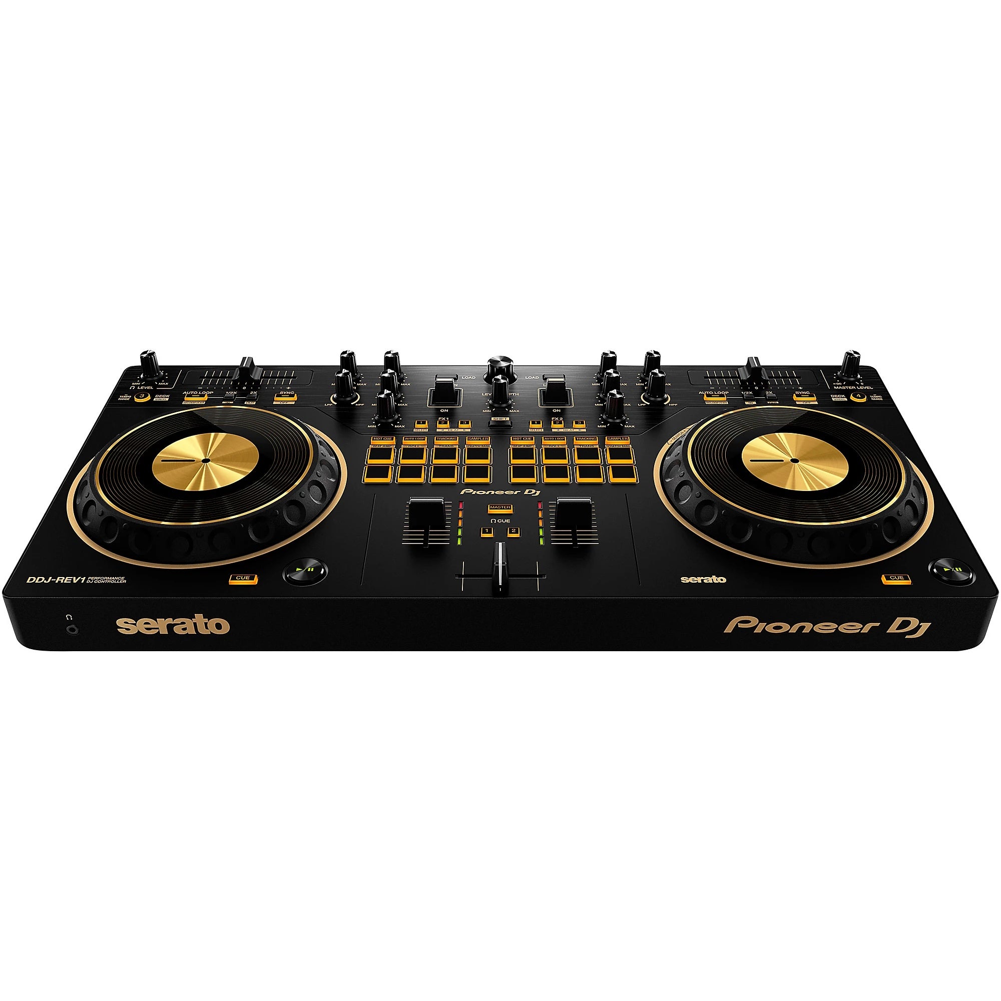 Pioneer DJ DDJ-REV1-N Serato performance DJ controller in limited-edition gold with jog wheels and control knobs.