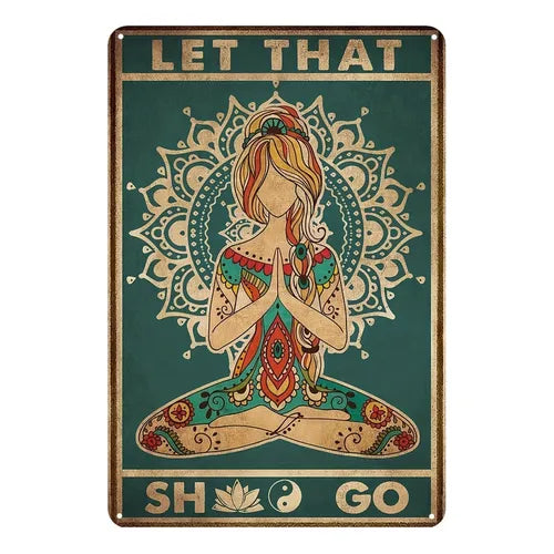 Decorative sign with a stylized illustration of a person in a yoga pose, surrounded by mandala patterns and text on a green background.