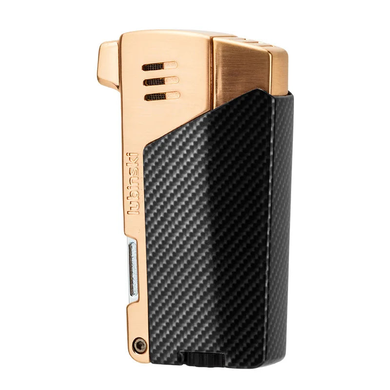 Lubinski windproof butane lighter with a single flame torch, designed for outdoor use and wind resistance.