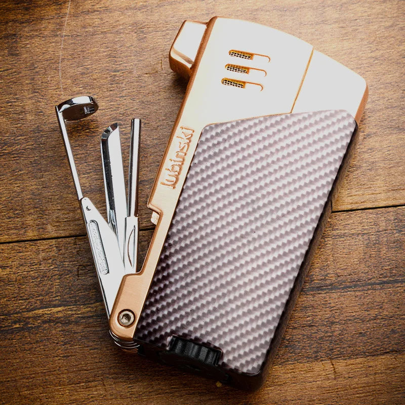 Lubinski windproof butane torch lighter with single flame, compact and durable for outdoor use.