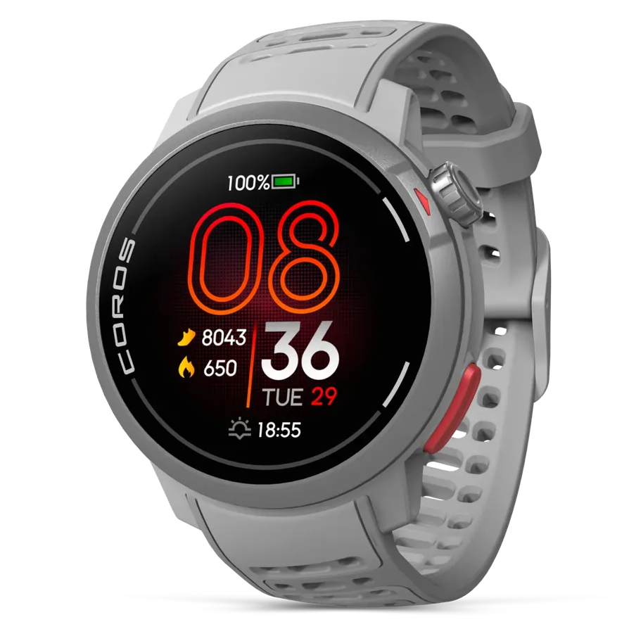 A Coros smartwatch with a gray sport band and a round black screen displaying a digital watch face, shown on a plain white background.