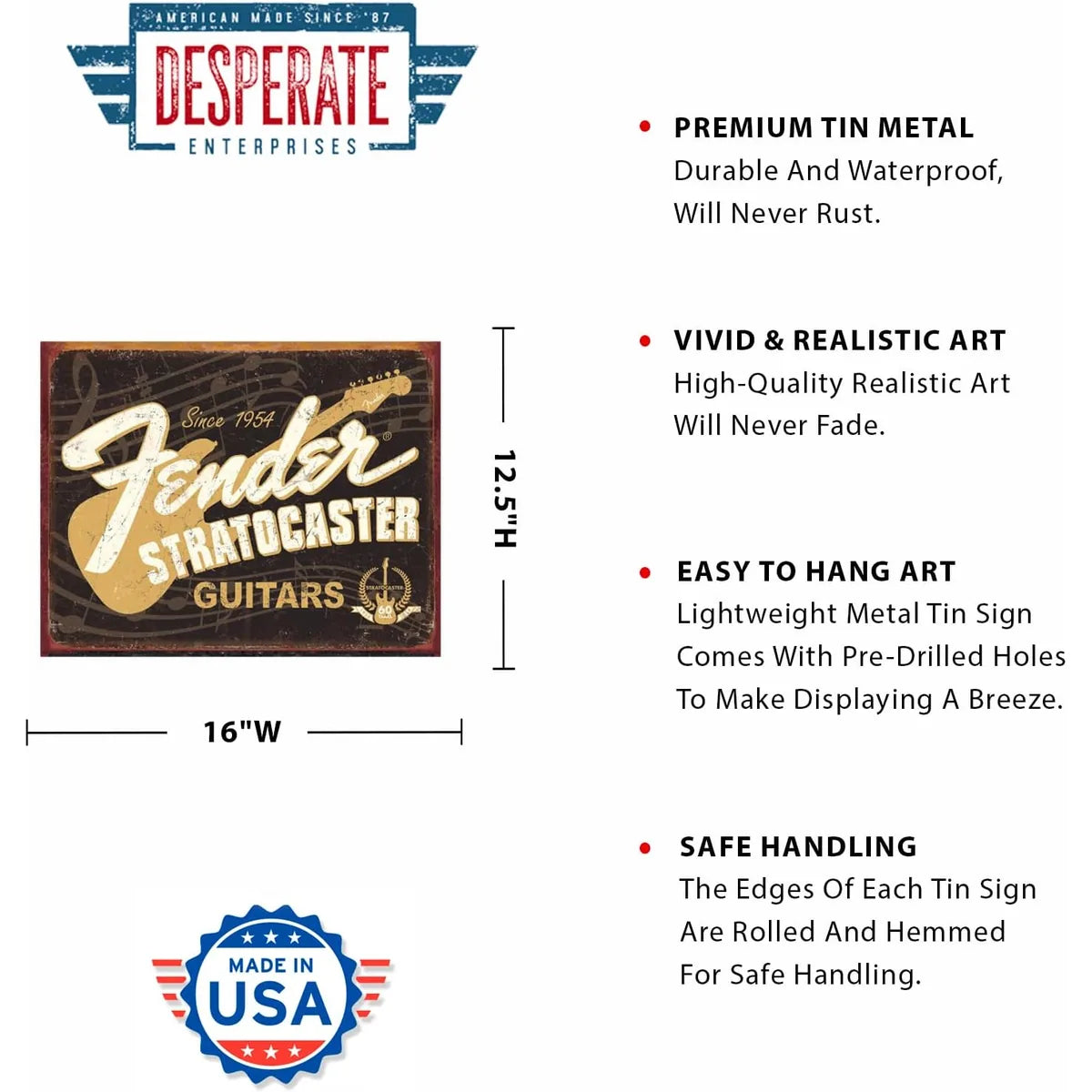 Fender Stratocaster Guitars 60th Tin Sign