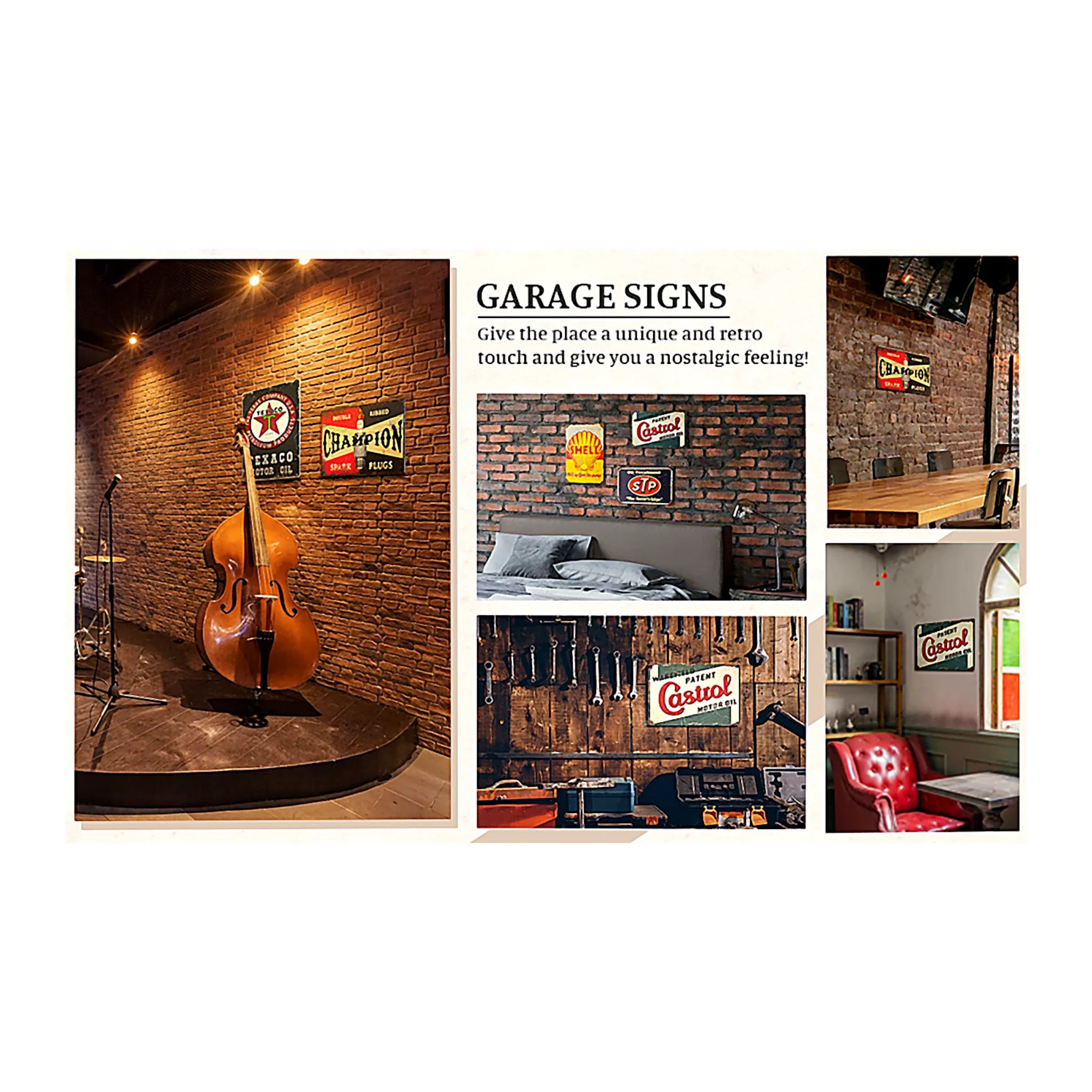 Set of five double-sided PVC garage signs with vintage tin design, ideal for garage decor and retro room ideas.