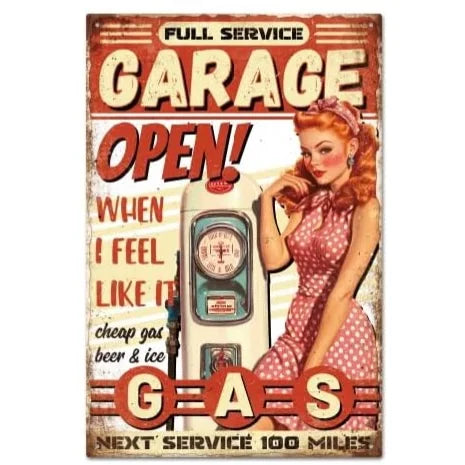 VOT Certified gas service tin sign with vintage garage open sign design, ideal for automotive or workshop decor