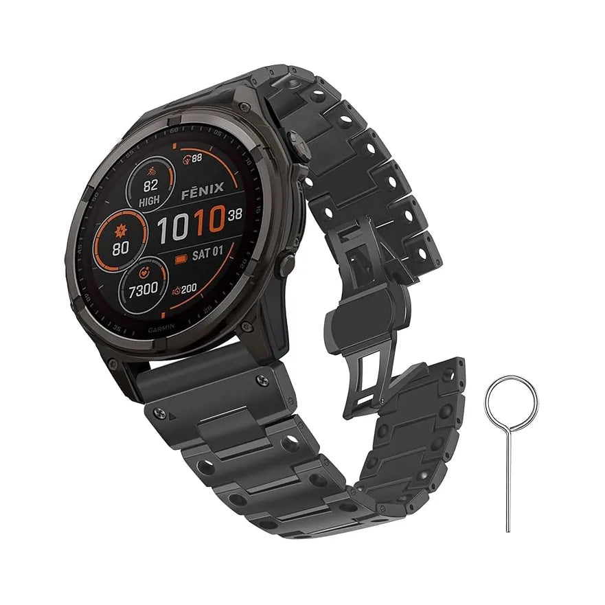 Smartwatch with metal band and tool on a white background