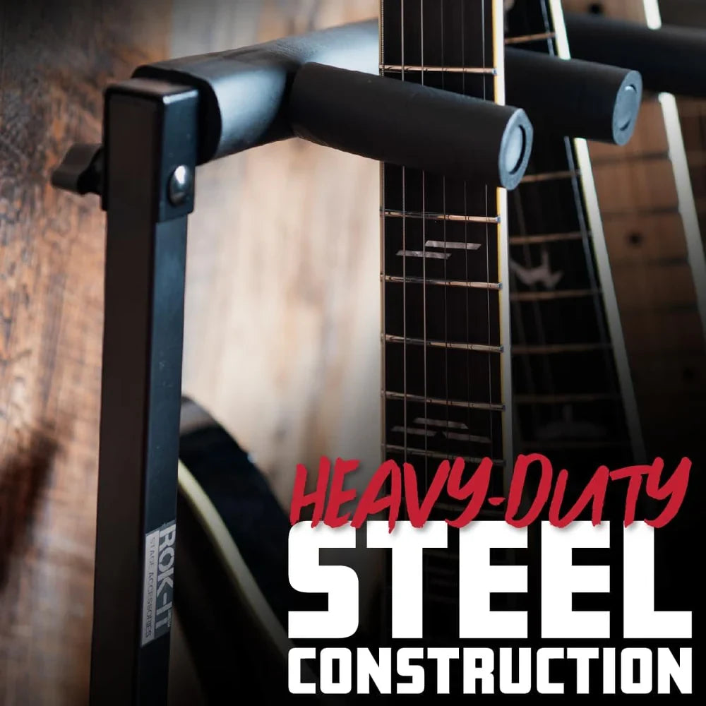 Close-up of a black heavy-duty steel guitar stand holding a guitar neck, with large overlaid text reading 'HEAVY-DUTY STEEL CONSTRUCTION'.