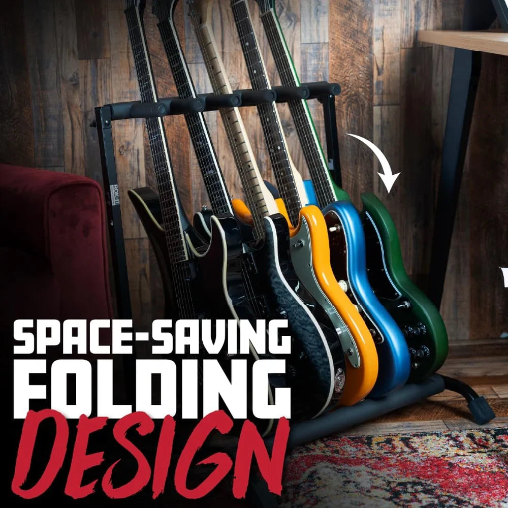 Space-saving folding guitar stand with multiple guitars against a wooden wall.
