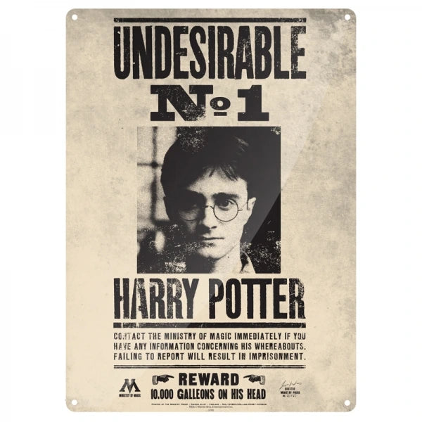 Vintage-style poster of Harry Potter with 'Undesirable No. 1' text and Ministry of Magic branding.