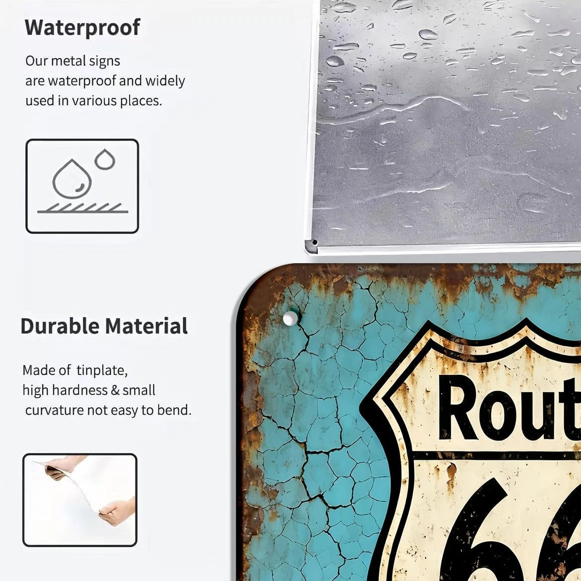 VOT Certified historic Route 66 tin sign, waterproof and durable metal wall decor with vintage roadside design.