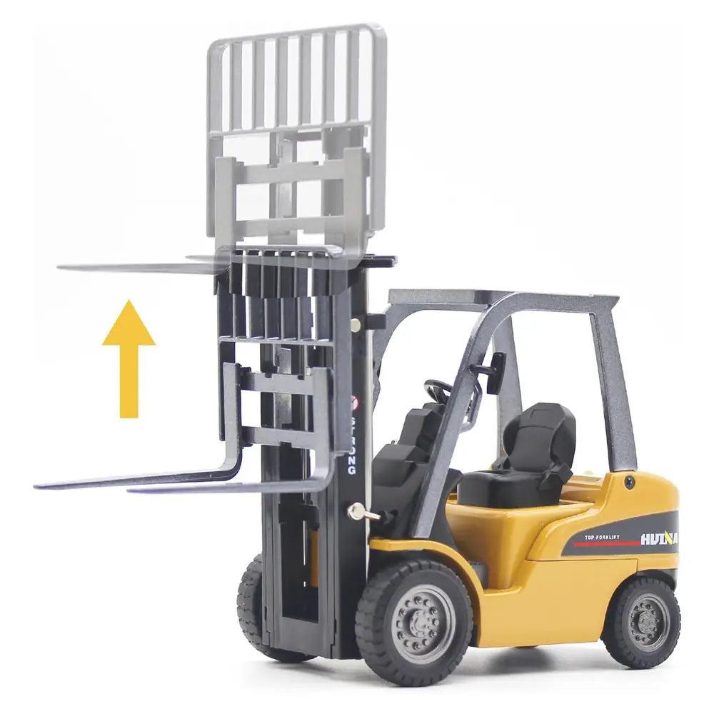 Diecast forklift model by Dollox in 1:50 scale with raised forks, detailed miniature construction vehicle on a neutral background.