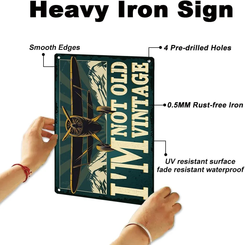 VOT Certified vintage tin sign featuring an aviation theme with detailed, heavy iron construction and classic airplane graphics.